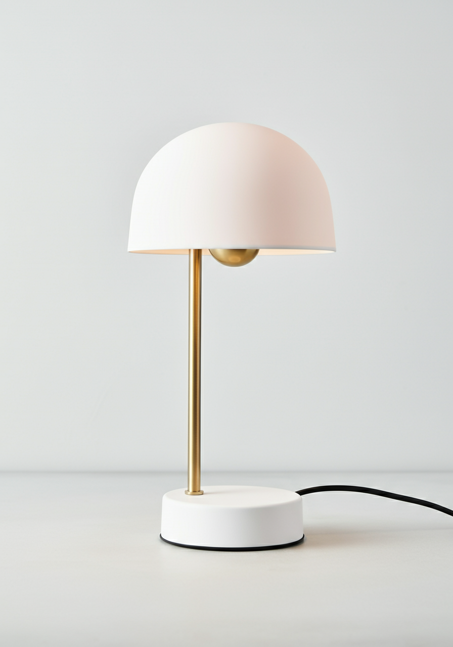 White plastic half-dome table lamp on a metal cylindrical pole with a round base.