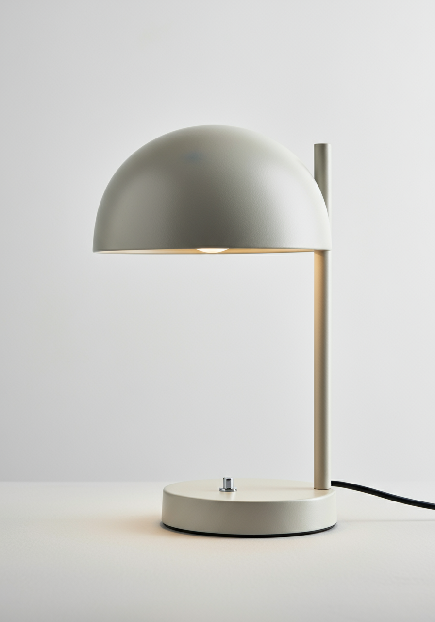 Brushed metal table lamp that resembles a half dome mounted on a vertical cylindrical pole with a round base.
