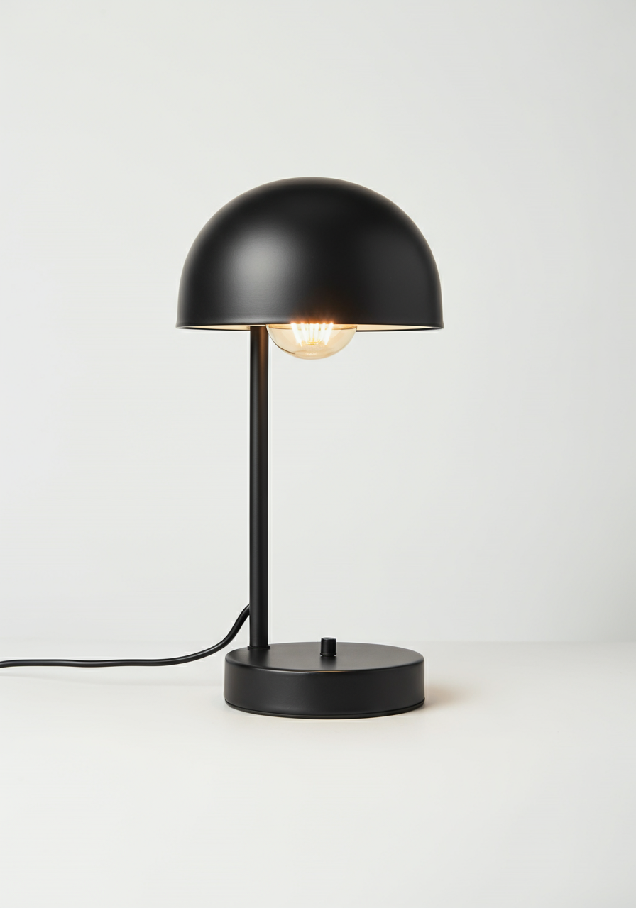 Black metall table lamp that resembles a half dome mounted on a vertical cylindrical pole with a round base.