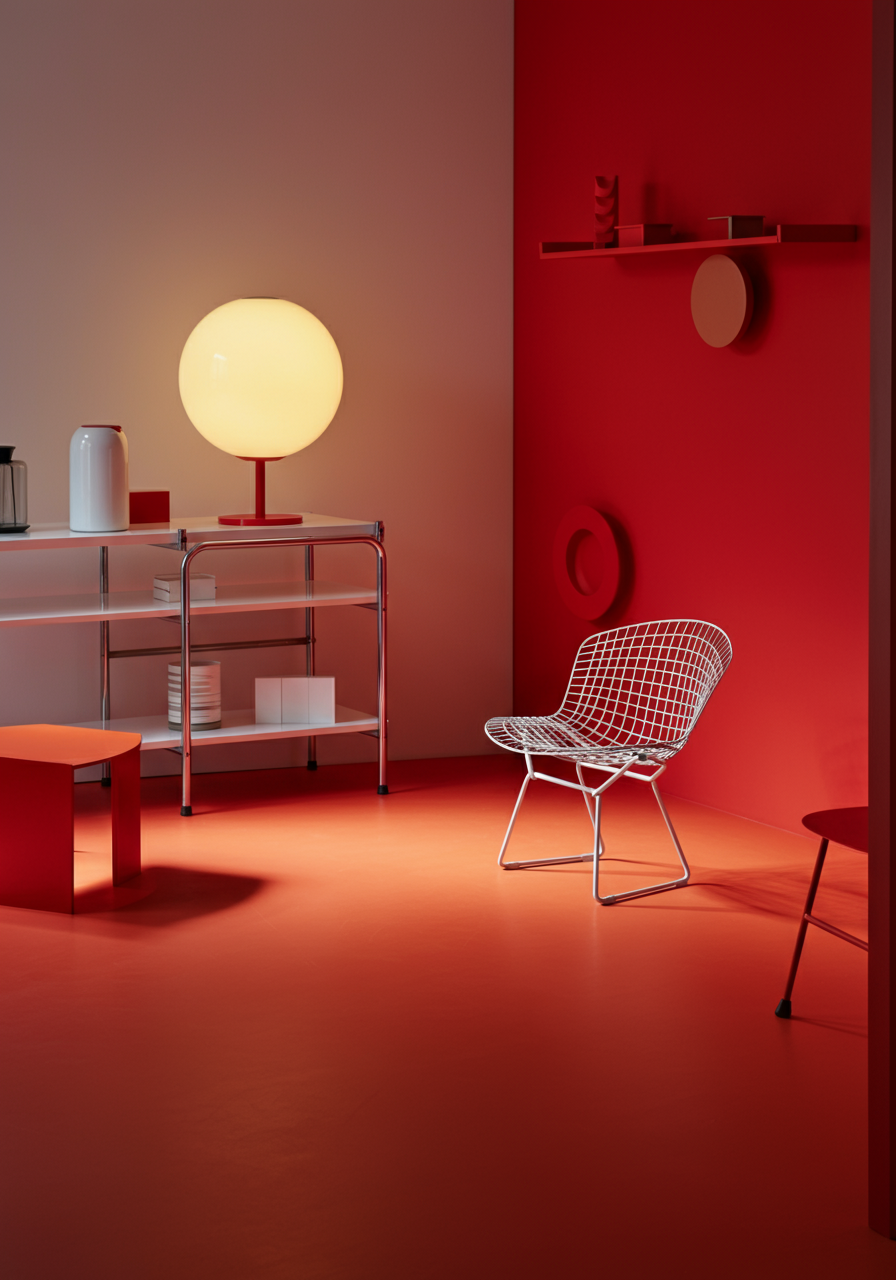 Shiny metal mesh chair in a modern room entirely in red.