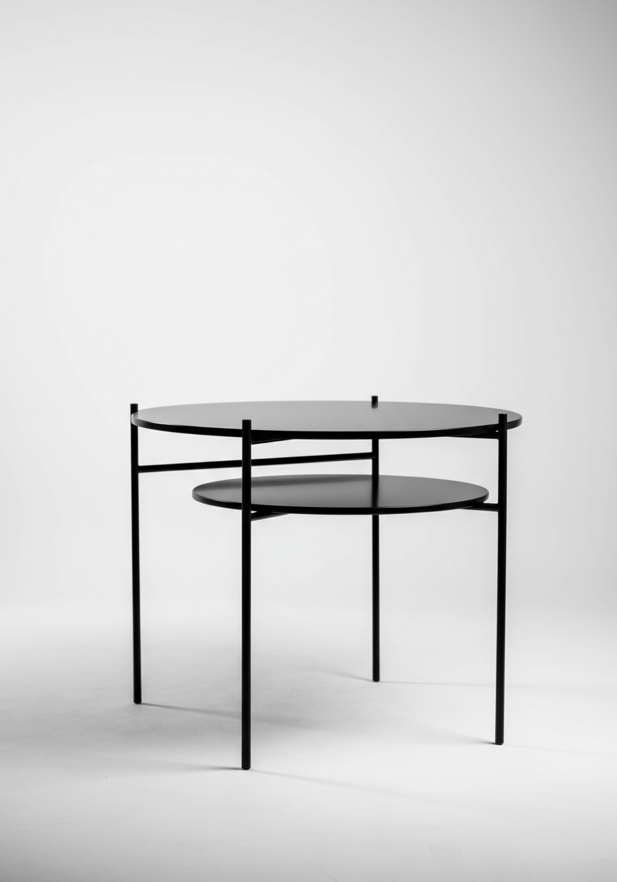 Two-tier nestable dining table with round surfaces in black.