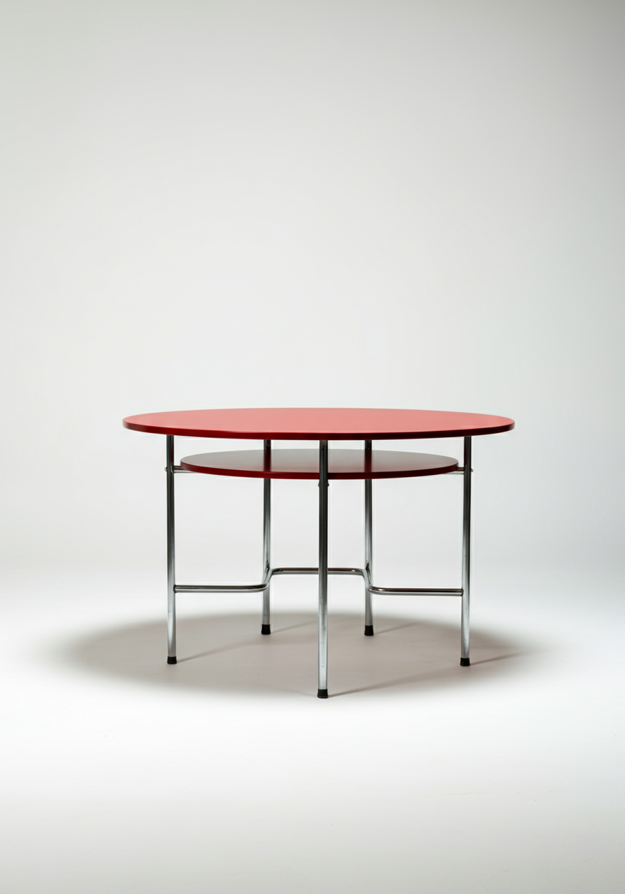 Two-tier nestable dining table with round surfaces in red, with metal legs.
