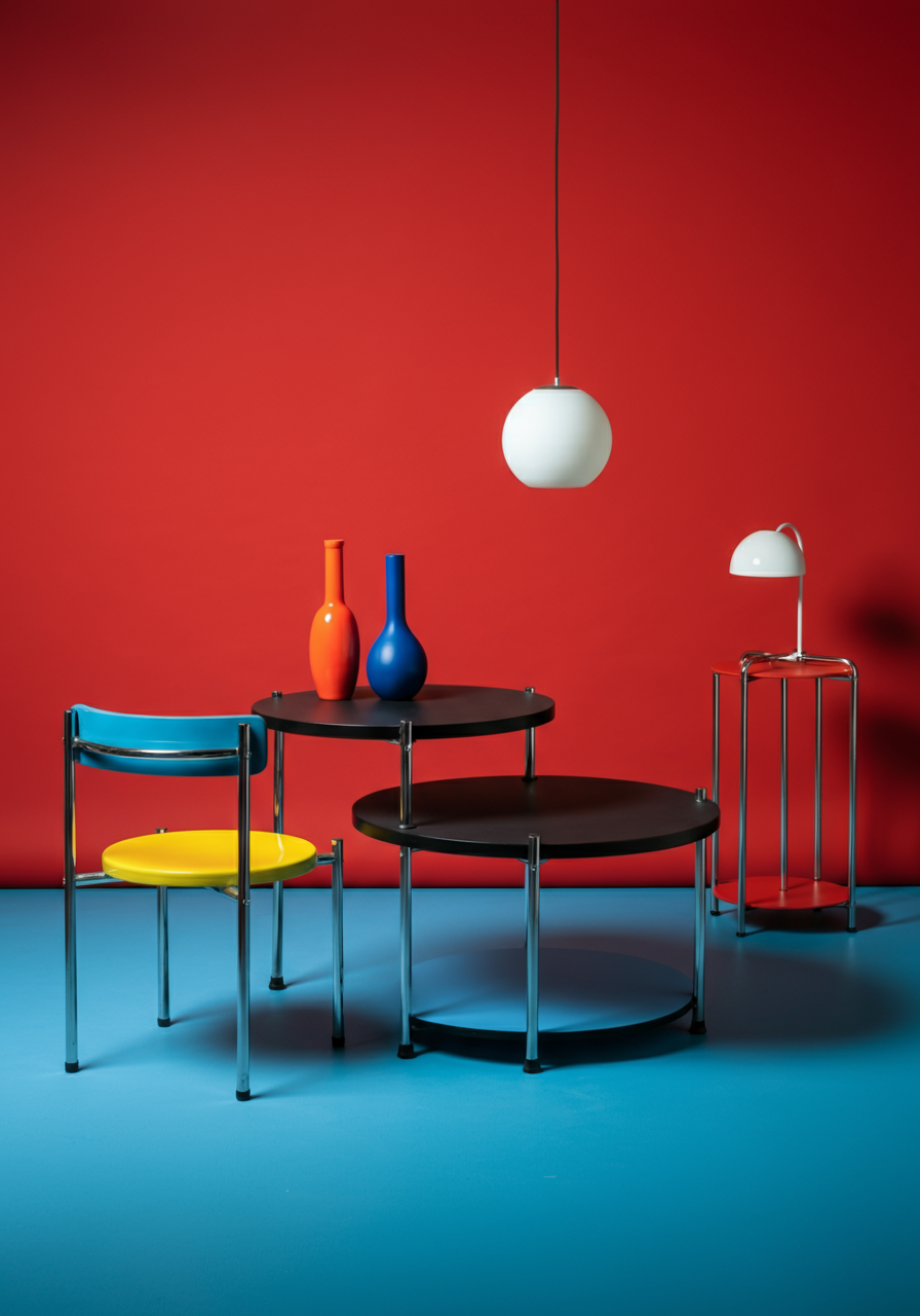Two-tier nestable dining table with round surfaces in black. in a primary colored room filled with playful furniture.