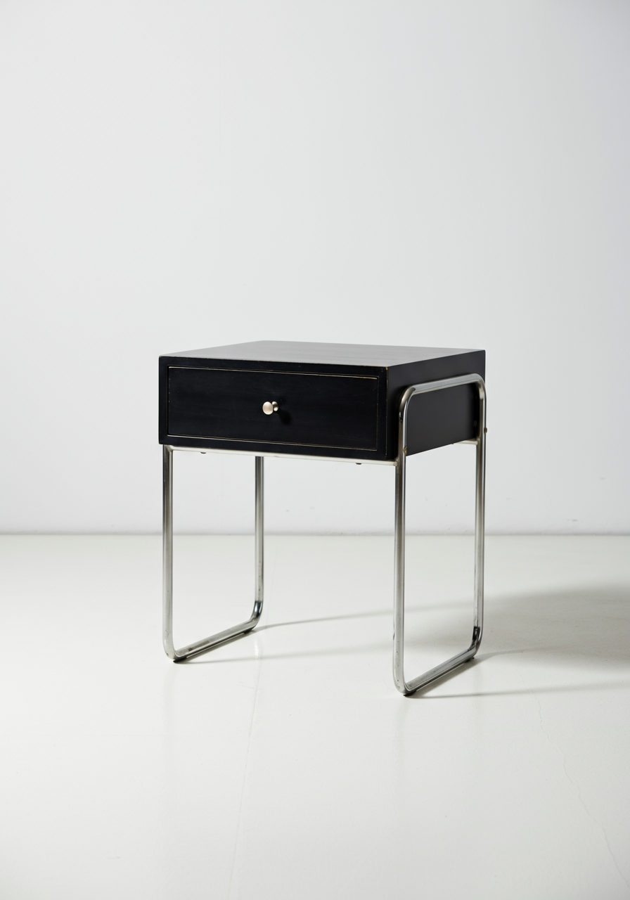 A minimal black bedside table that resembles a cuboid on two rounded metal cantilever legs.