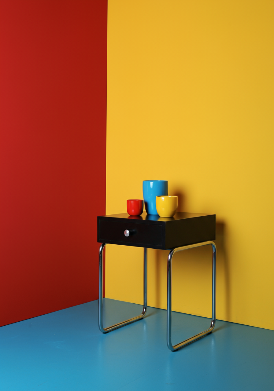 The Bedside table with three small pots in primary colors in a primary color room.