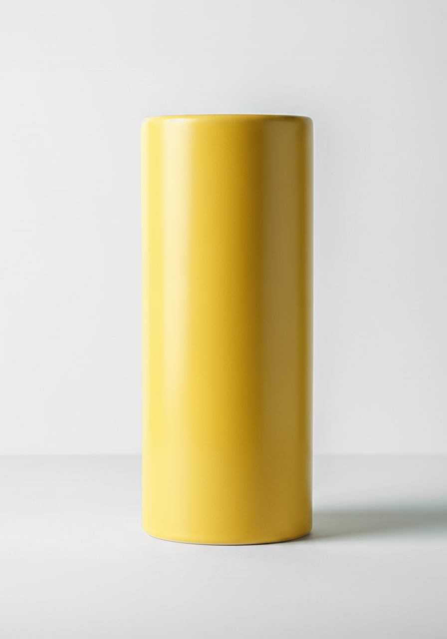A hyper-minimal vase that resembles a plain yellow cylinder.