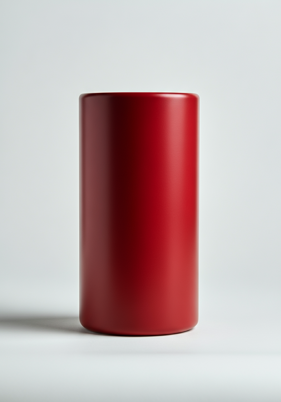 An unadorned red cylindrical vase.