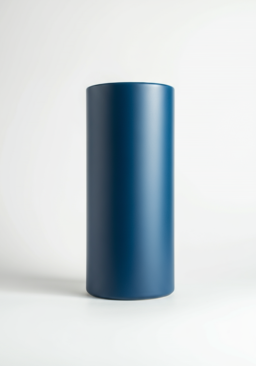A blue vase that resembles a cylinder.