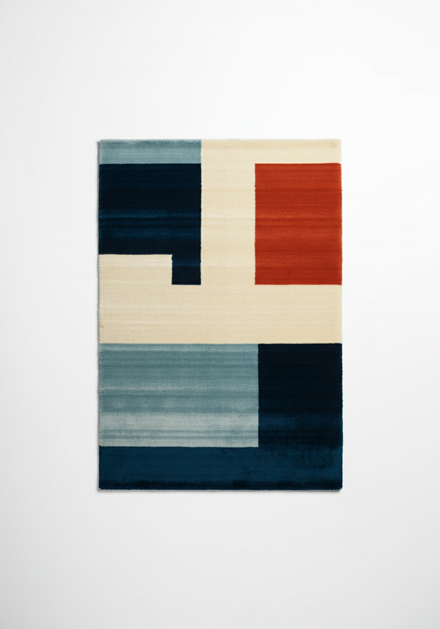 A color blocked rug with different squared off sections in navy, sky blue, red and cream.
