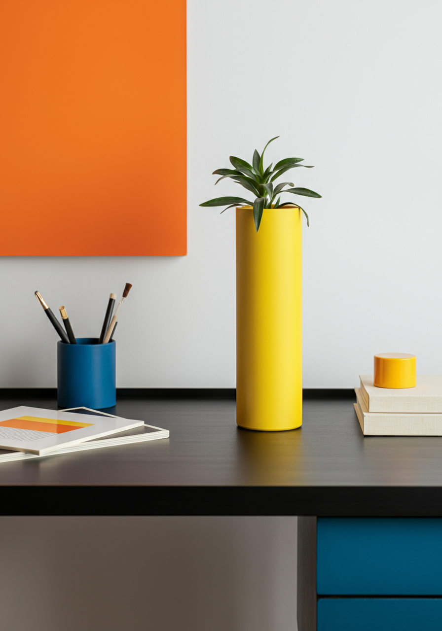 A desk with a cylindrical yellow vase and a plant as the focal point.
