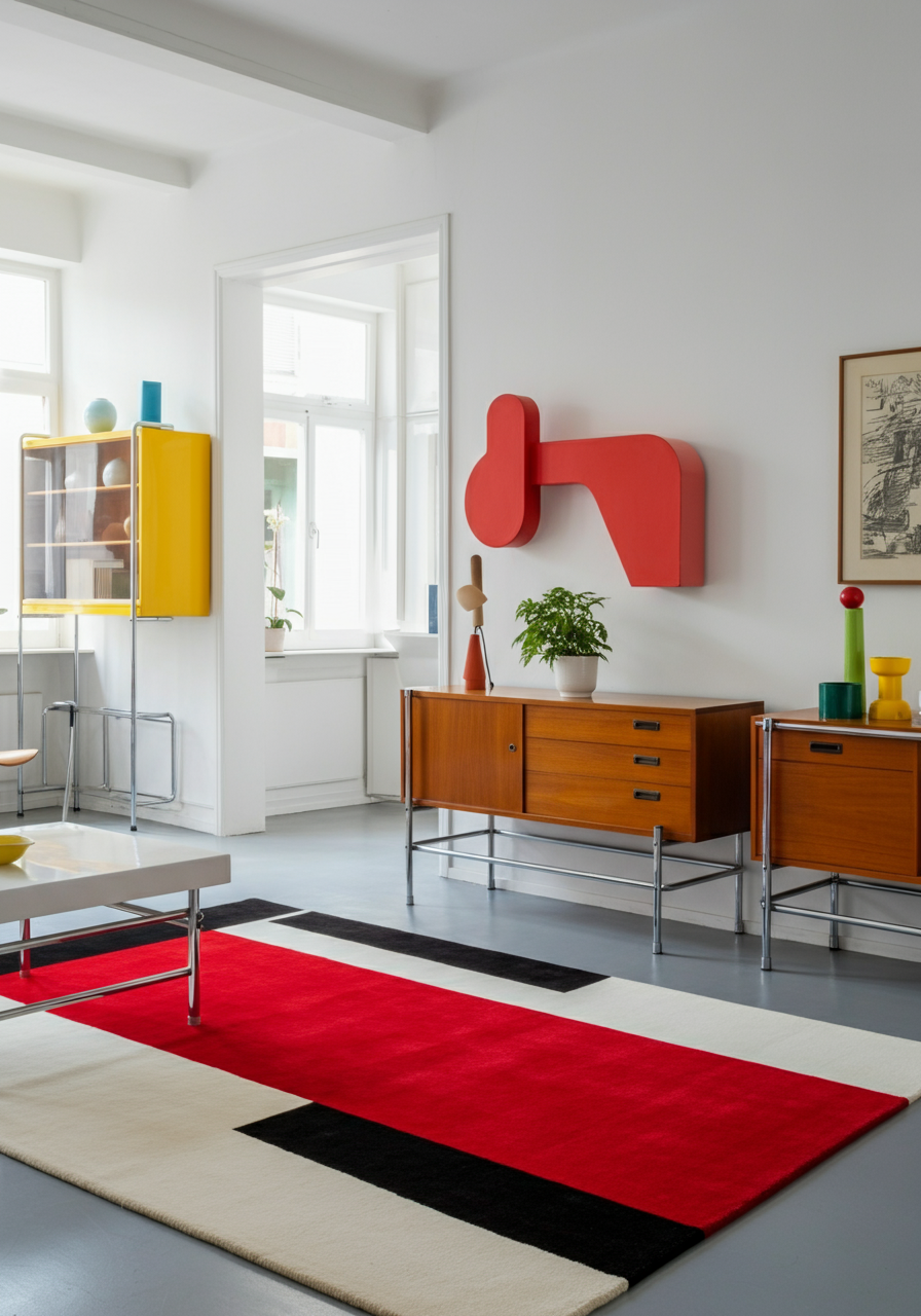 Minimal white room with with a stark red, white and black geometric rug.