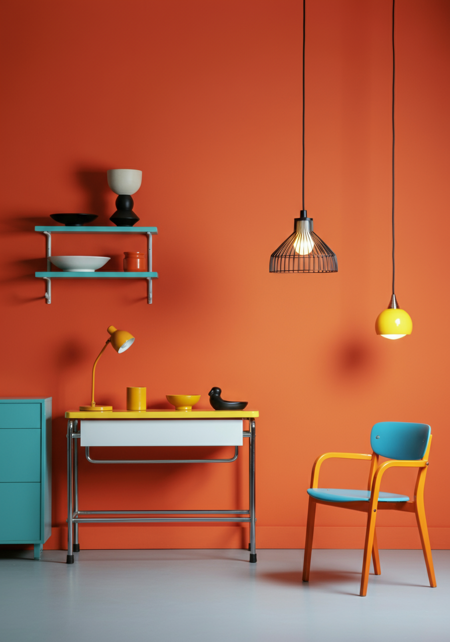 Mesh pendant light haging in a bright red and blue room