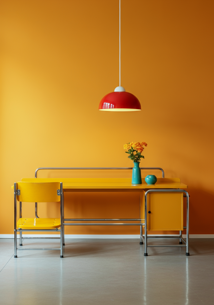 A red pendant dome light above a matching orange desk and chair set in an orange room.