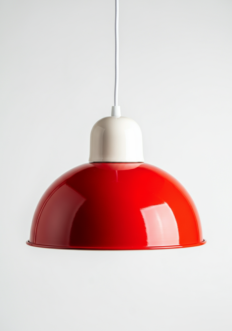 A half sphere red PVC hanging light with a white half dome and cable.