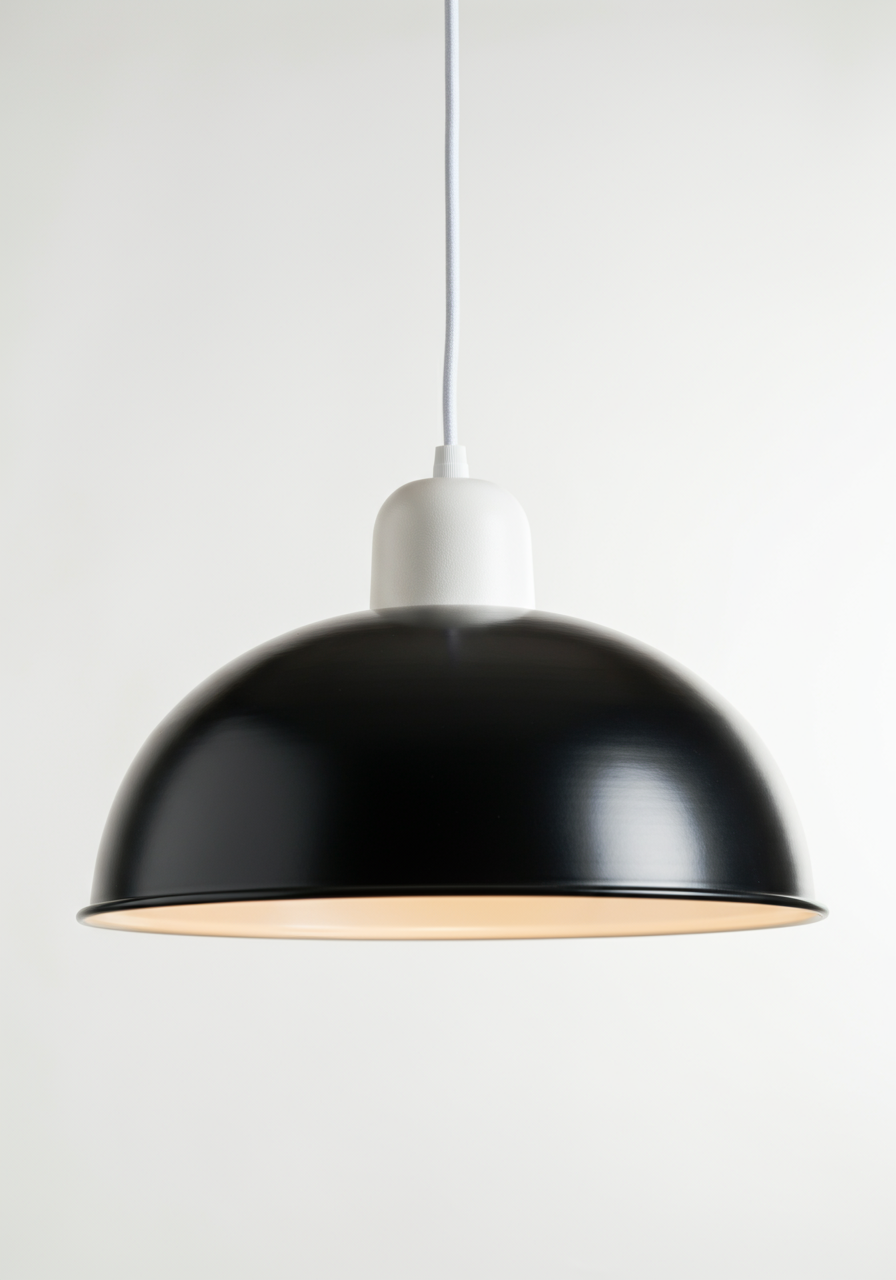 A half sphere black PVC hanging light with a white half dome and cable.