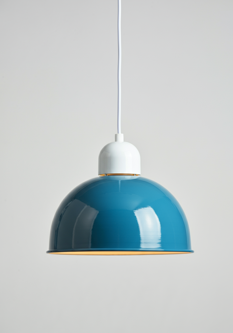 A half sphere blue PVC hanging light with a white half dome and cable.