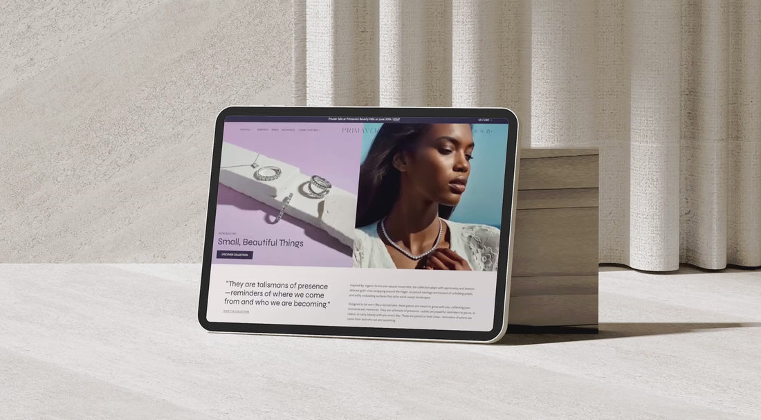 An ipad scrolls through the Primavera Precision preset, an elegant luxury demo store for jewelry.