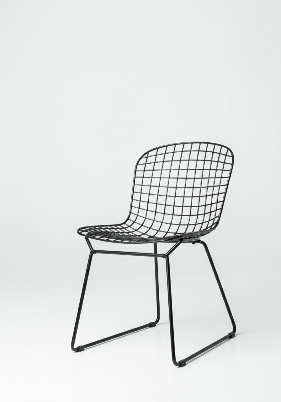 A entirely metal chair with a mesh wire back and two angled cantilever legs. 