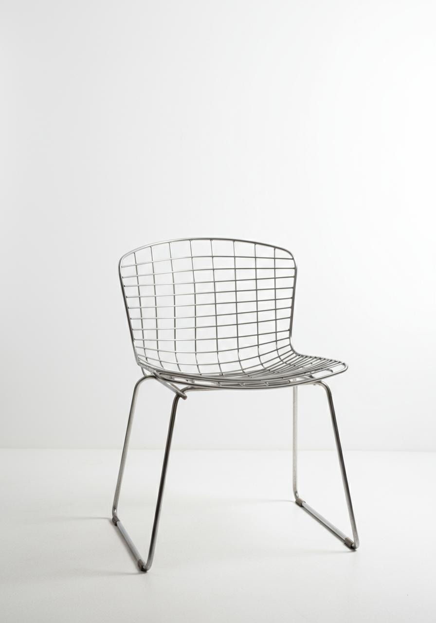 A shiny silver metal chair with a mesh wire back and two angled cantilever legs. 