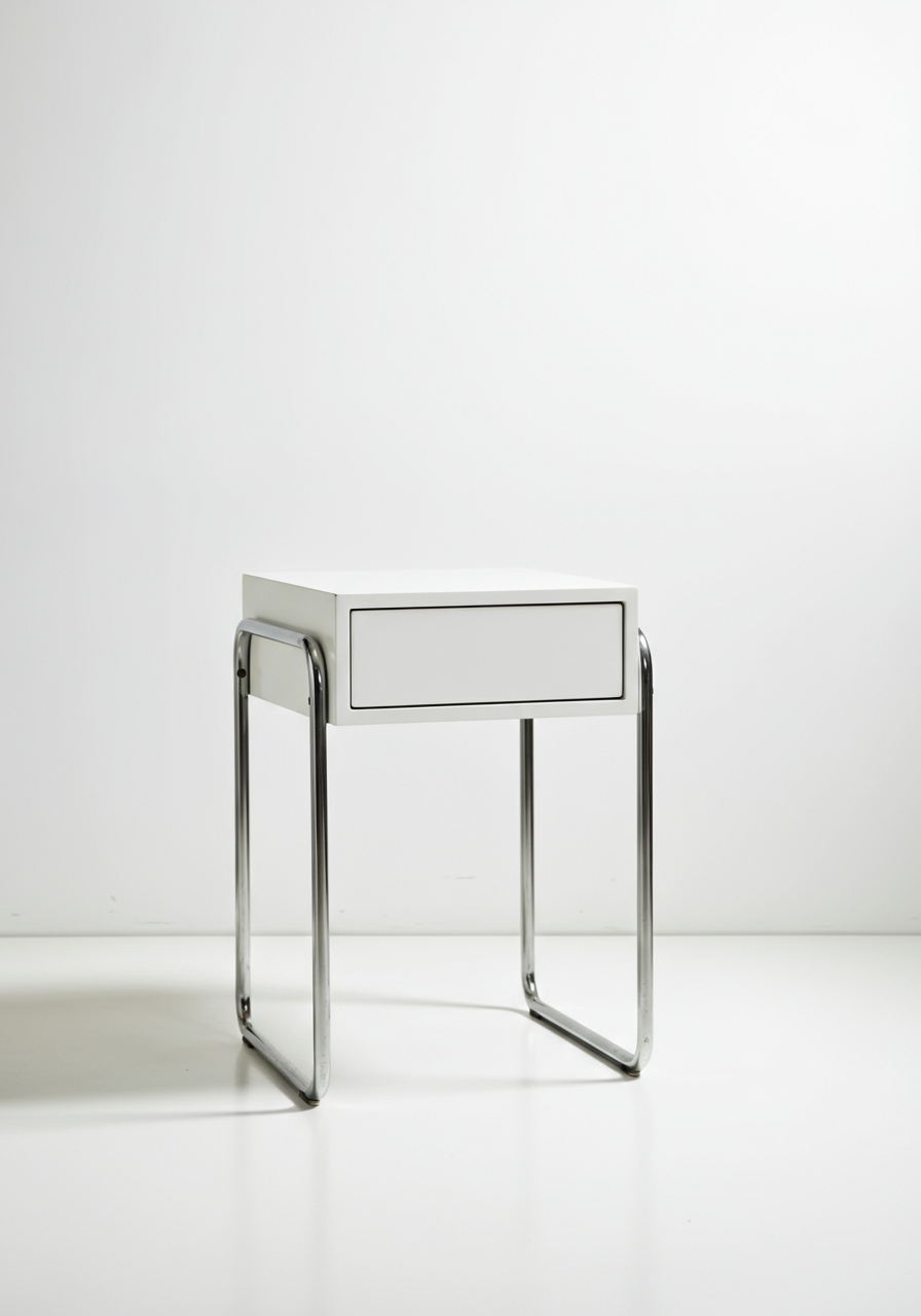 A minimal white bedside table with two rounded cantilever legs. 