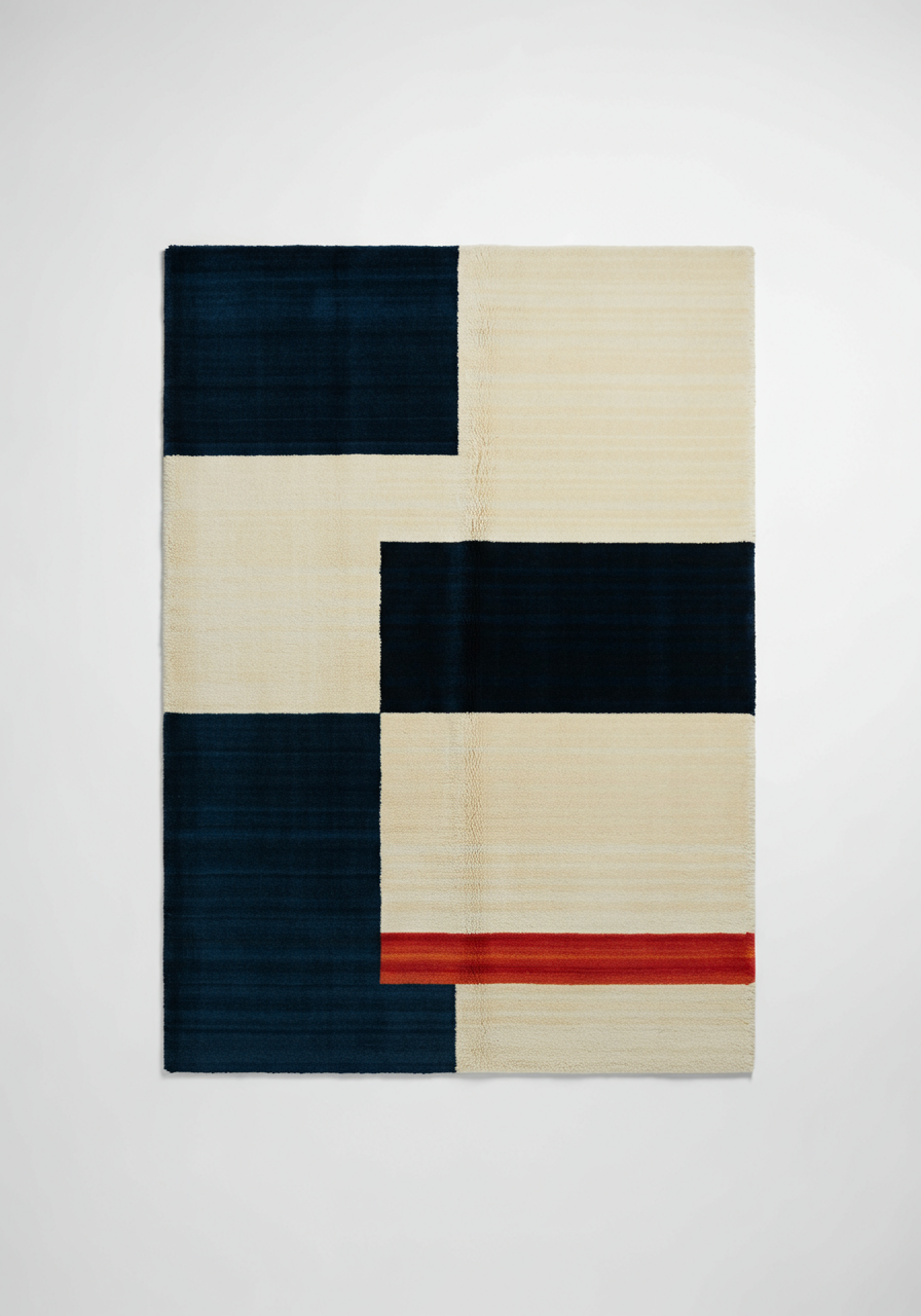 Cream, black and red color-blocked rug in a squared off, geometric design. 