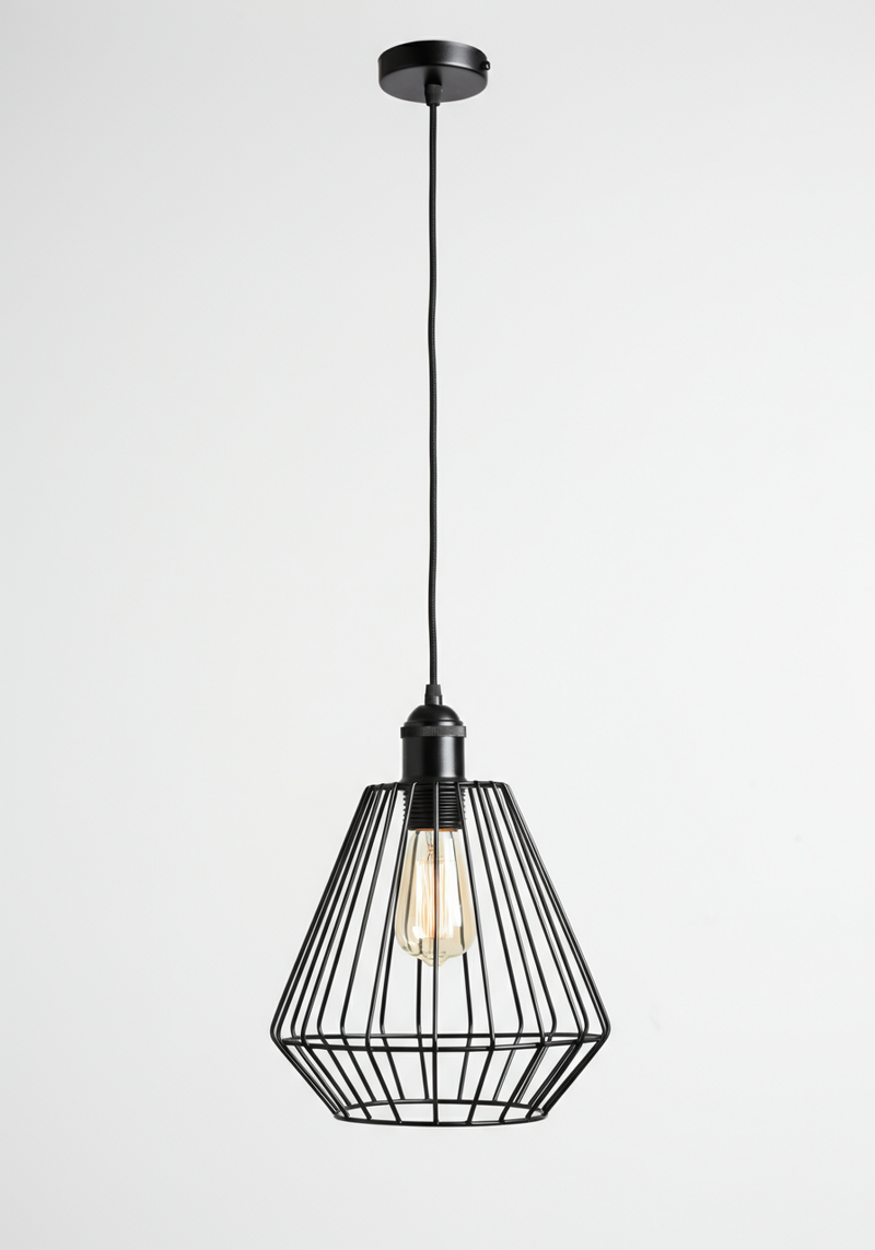 A hanging pendant light with a black mesh half-diamond shape cage around it. 