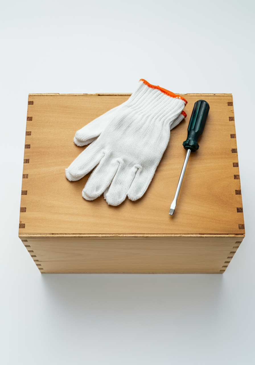 A pair of white gloves and a screwdriver neatly arranged  on a wooden crate.